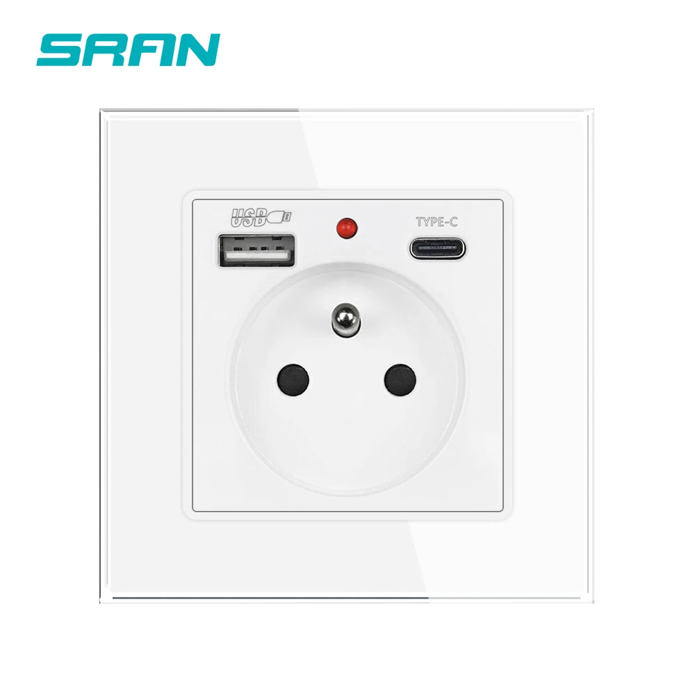 SRAN Französische USB-Wandsteckdose 5 V 2,1 A, Kristall-Hartglasscheibe 16 A 220 V 82 x 82 mm Steckdose Frankreich-Standard mit Abdeckung.