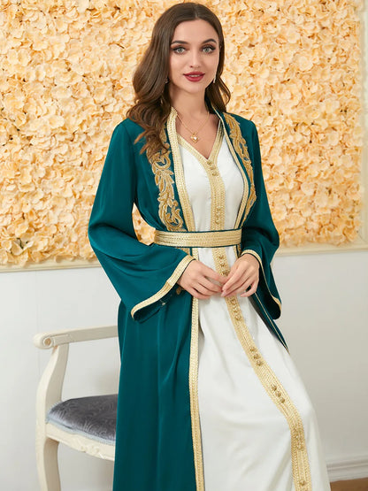 Maßgeschneiderte muslimische Sets, elegante muslimische Frauen, Sommer, langärmelig, V-Ausschnitt, Polyester, lila, 2-teiliges Kleid, Mantel, passende Sets, Muslim