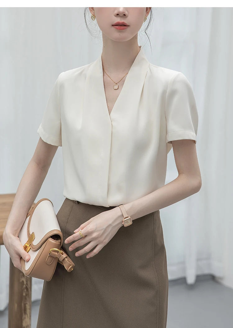 2025 Fashion Summer Short Sleeve V-Neck Women Blouse White Blouse Shirt Women Tops Blouses Shirts Blusas Para Mujer Camisas XL86