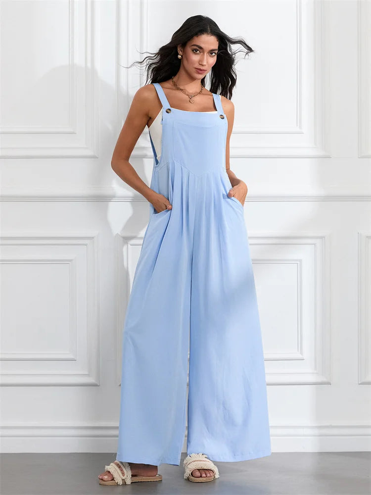 Women Fashion Jumpsuits Sleeveless Buttons Suspender Wide Leg Pant Overalls with Pockets Casual Loose Romper Streetwear.