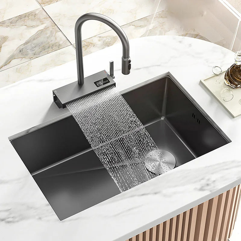 Black Stainless Steel Kitchen Sink Waterfall Sink dishwashing Basin Large Single Sink Household Sink Under The Counter Sink