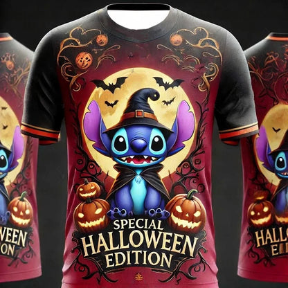 Disney Women's Men's Sports Jersey Halloween Stitch Print Short Sleeve Summer Graphic Tee Children Cartoon Size Sport T-Shirt.