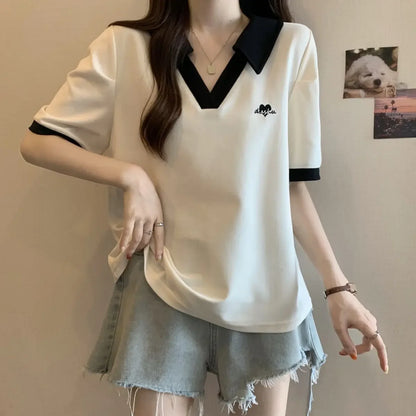 Plus Size Women's Casual Polo Neck Short Sleeve T-Shirt Slimming Belly Cover Summer Age Defying Shoulder Level Top.