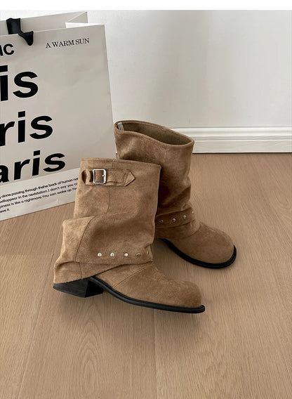 Winter Pleated Women Western Ankle Boots Fashion Rivet Belt Buckle Shoes Ladies Concise Vintage Thick Heel Short Booties