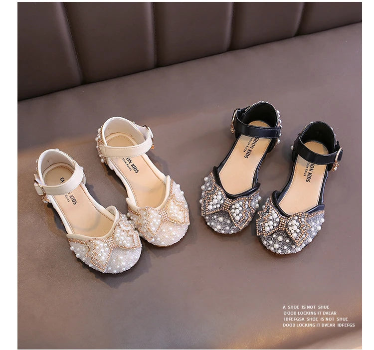Girls Party Shoes Elegant Rhinestone Fashion Children's Leather Shoes Versatile Sweet Kids Princess Wedding Dress Flats Sandals.