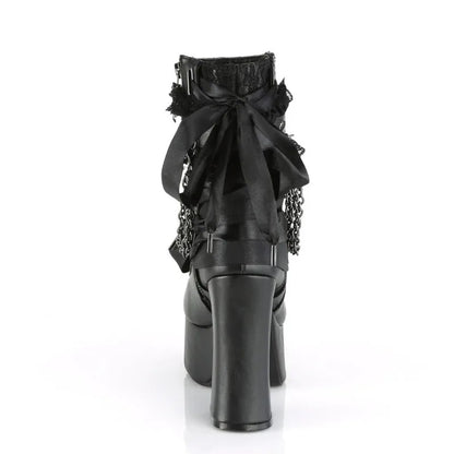 Gothic Style Chain Lace Up Bow Women Short Boots Retro Round Toe Square Heel Chunky Platform Ankle Boots Punk Ladies Party Shoes.