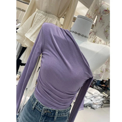 French Style Long Sleeve Slim Fit T-Shirt Women Early Autumn Design Sexy Short Length Beautiful Top Shoulder Bared Side Collar.