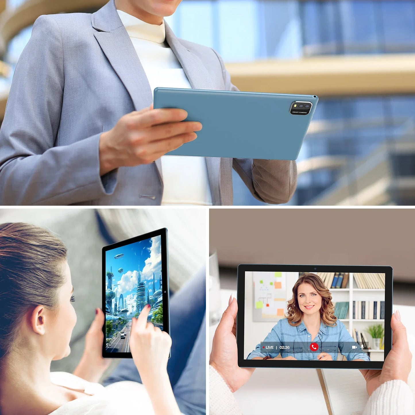 BAKEN 10-inch tablet with SIM card slot, Android 15, Wi-Fi, GPS, Bluetooth, 64GB storage, dual speakers, USB-C port.