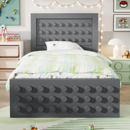 Jugendbett mit kreativem Blockdesign, Gestell aus Massivholz mit Gitterrost, mit Stauraum unter dem Bett, ohne Matratze