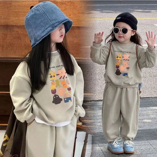 Baby Cute Sets Girls Sports Printing Sweater Sweatpants Suit Autumn New Children's Round Neck Casual Fashion Thin Two-Piece 2-8Y.