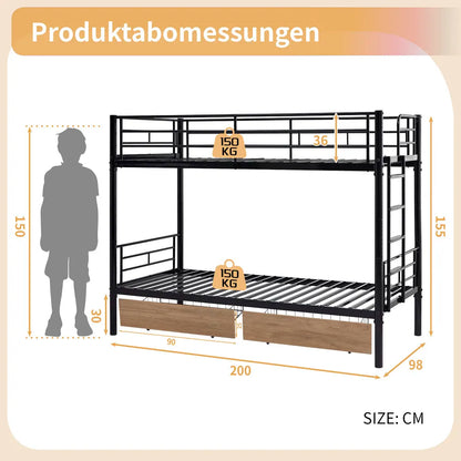 Etagenbett aus Metall, 90 x 200 cm, Etagenbett mit ausklappbarem Bett, erweiterbar auf zwei Einzelbetten oder Erwachsenenbetten, Schwarz