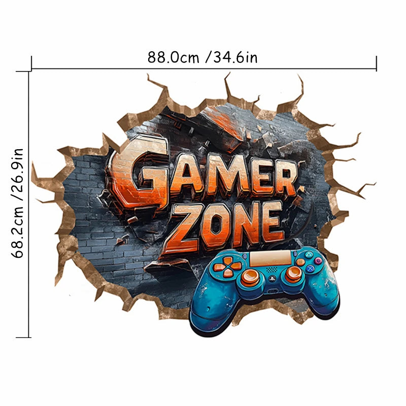 Larger Game Poster 3D Wall Hole Art Cool Gamer Zone Gamepad Vinyl Mural Stickers Home Decoration for Kids Bedroom Gaming Rooms