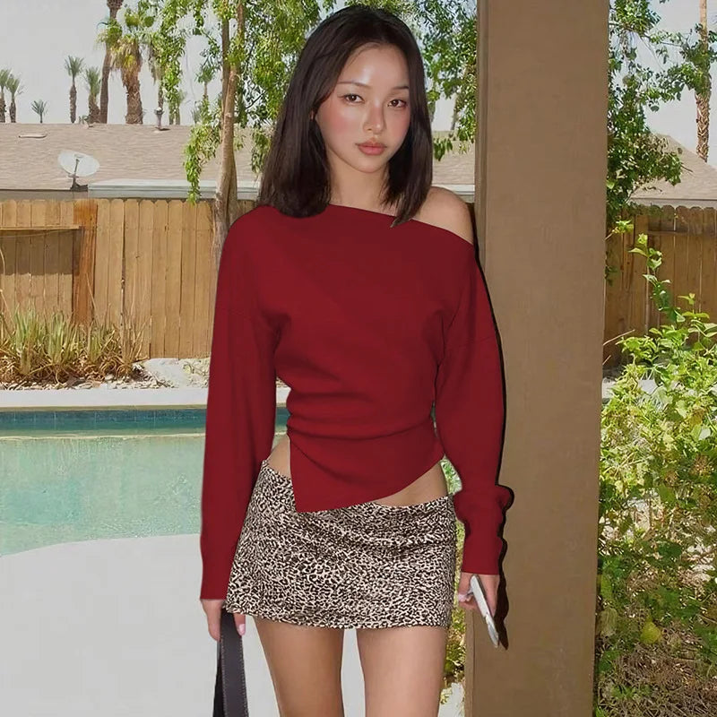 Women Casual Top Fashion Slim Slit Long Sleeve Pullover Top Sexy Strapless Pleated New Party Looks Top Female Streetwear