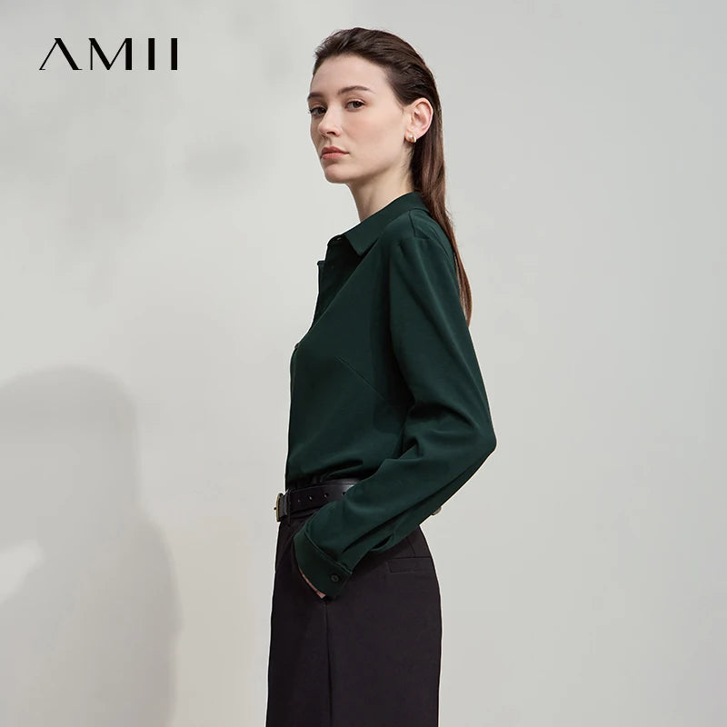 AMII Office Lady Shirt 2025 Autumn New Minimalism thick Long Sleeves Blouse Elastic Cotton Lapel Women's Clothing 12553079.