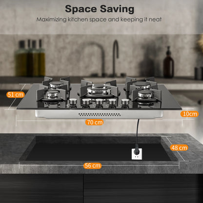 5 Burners 70 cm Glass with Automatic Flame Protection, Natural Gas Propane Gas, Built-in Gas Hob.