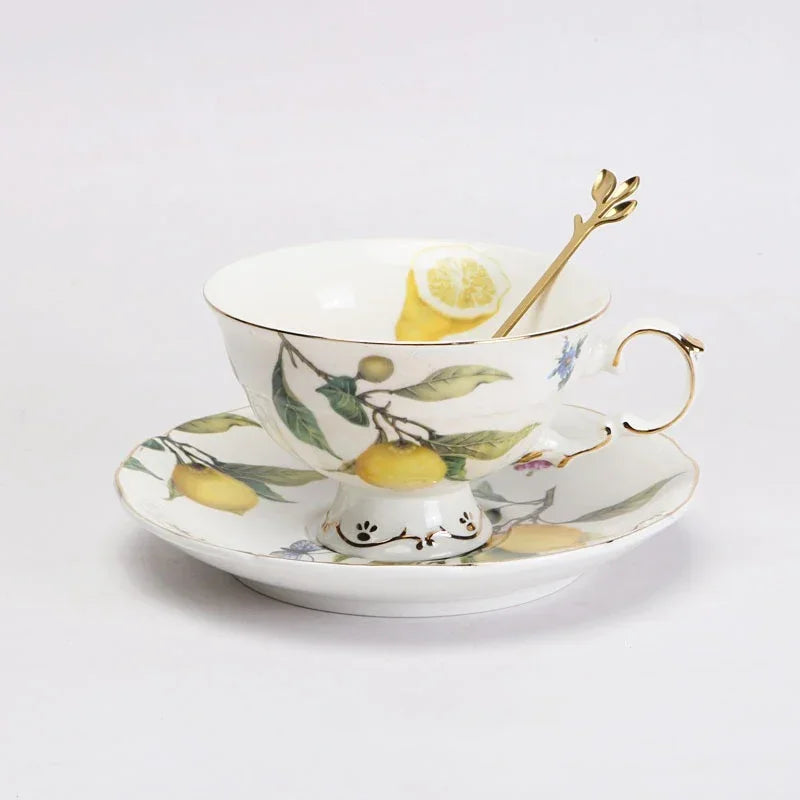 Europeanc Style Ceramic Dining Plate Elegant Lemon Pattern Dinner Steak Plate Coffee Cup Set Western Cuisine Dessert Plate.