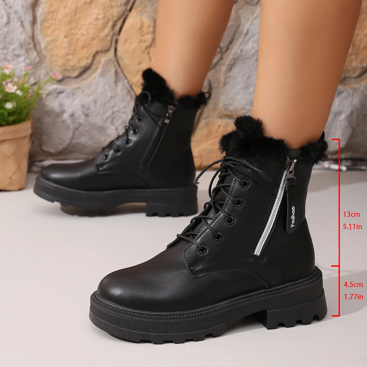 Women's Autumn Winter Ankle Boots Thick Sole Warm Plush Cotton Shoes Woman Fashion Black White Pu Leather Platform Botas Mujer.