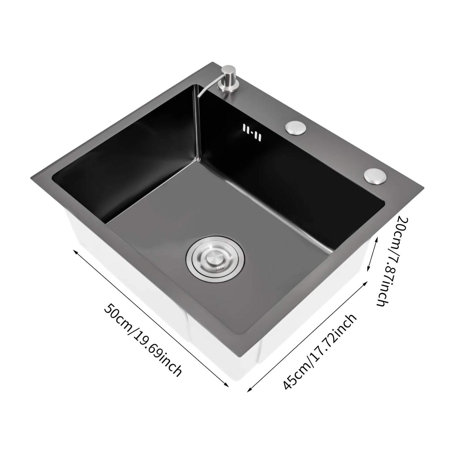 Schwarze Spüle, integrierte Spüle aus Edelstahl, Küchenspüle, Spüle mit Seifenspender und Wasserschlauch, 45 x 50 cm