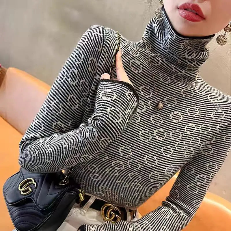 Frauen Kleidung Chic Gestreiften Schlank Rollkragen Pullover Herbst Winter Vintage Alle-spiel Lange Ärmel Stricken Pullover Büro Dame Tops.