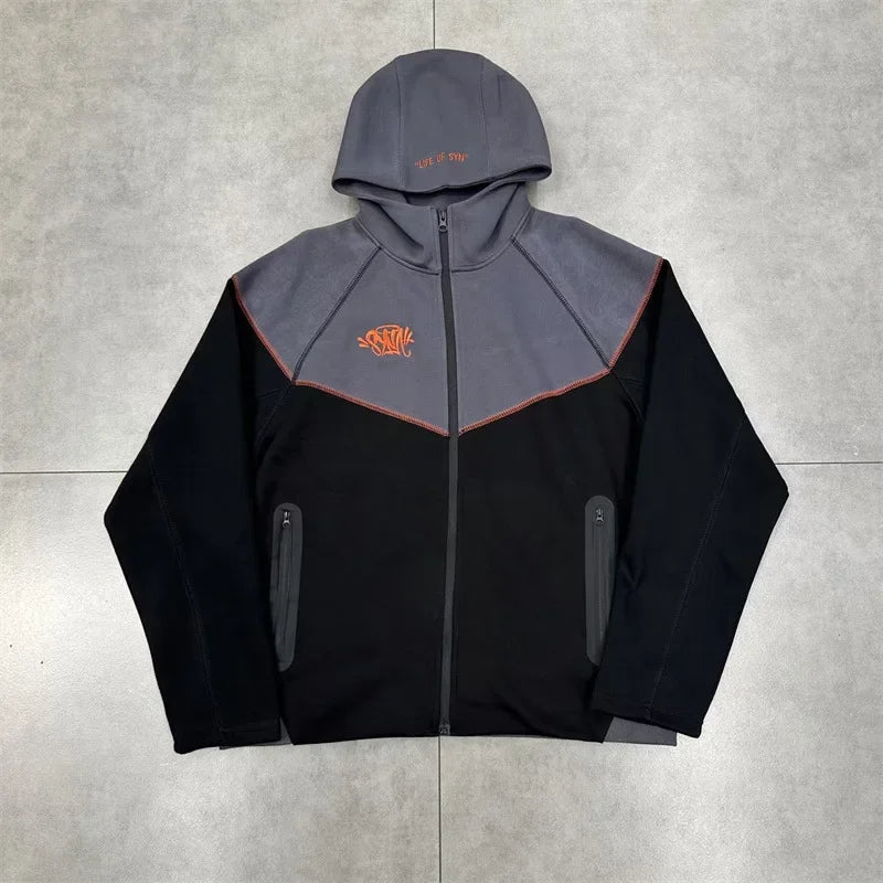 Casual Embroidered Fleece Lined Open Cardigan Hooded Zipper Pants Set for Men And Women Color Block Design by Syna.