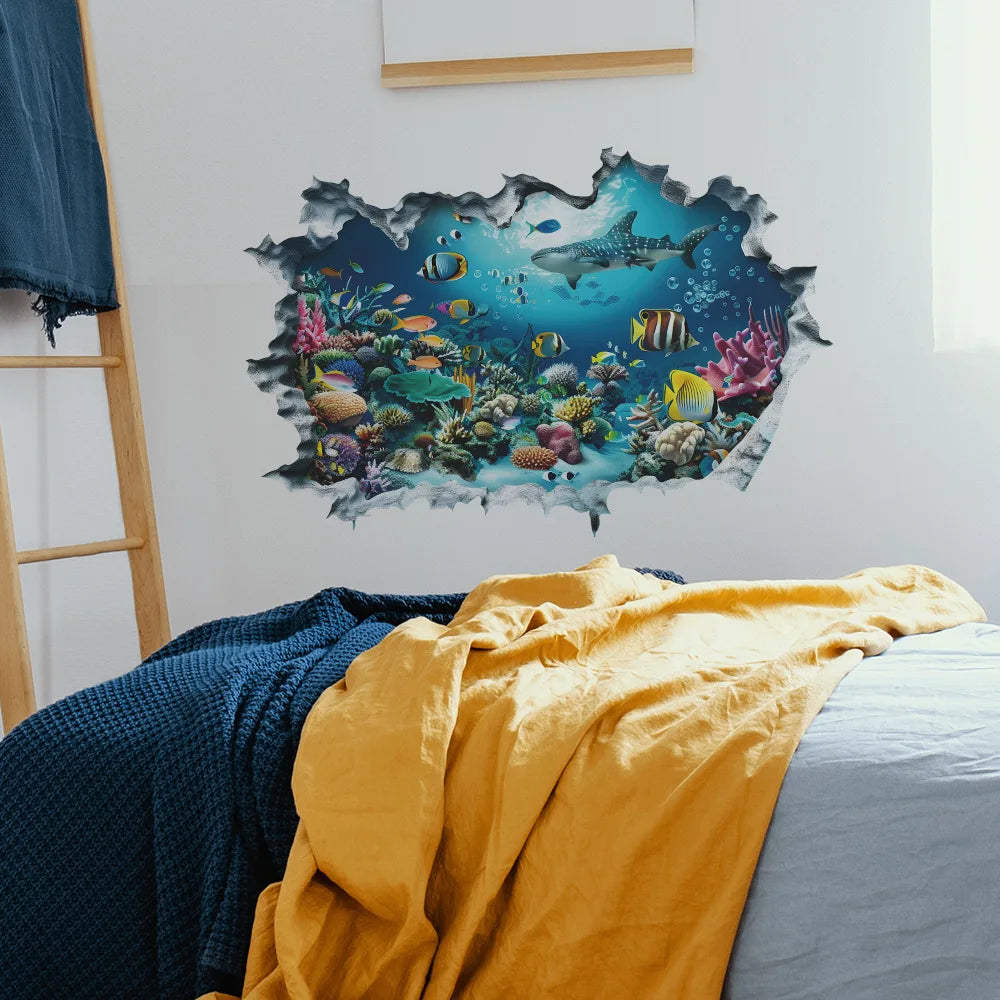 Sea View Mural Seabed Fish Shark 3D PVC Broken Wall Art Stickers Home Decoration for Room Ceiling Poster Floor Wallpaper.