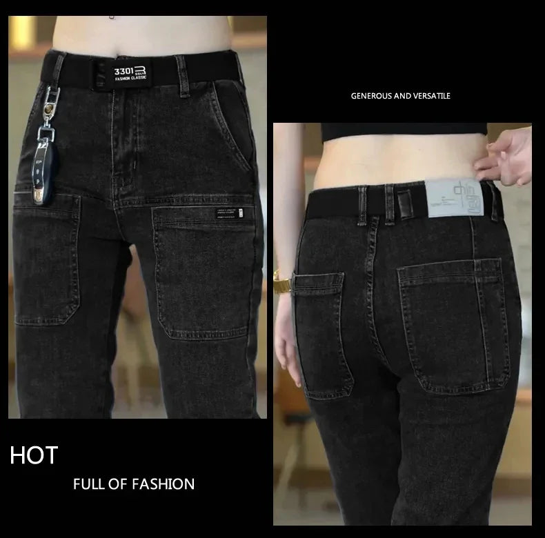 Men Cargo Pants Slim Stretch Jeans Multi Pocket Fashion Streetwear Designer Skinny Male Denim Trousers Brand Clothes Blue Black.