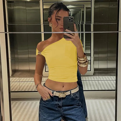 Cryptographic One Shoulder Asymmetrical Tops Summer Fashion Outfits Embellished Sexy Backless Solid Cropped Top Streetwear.