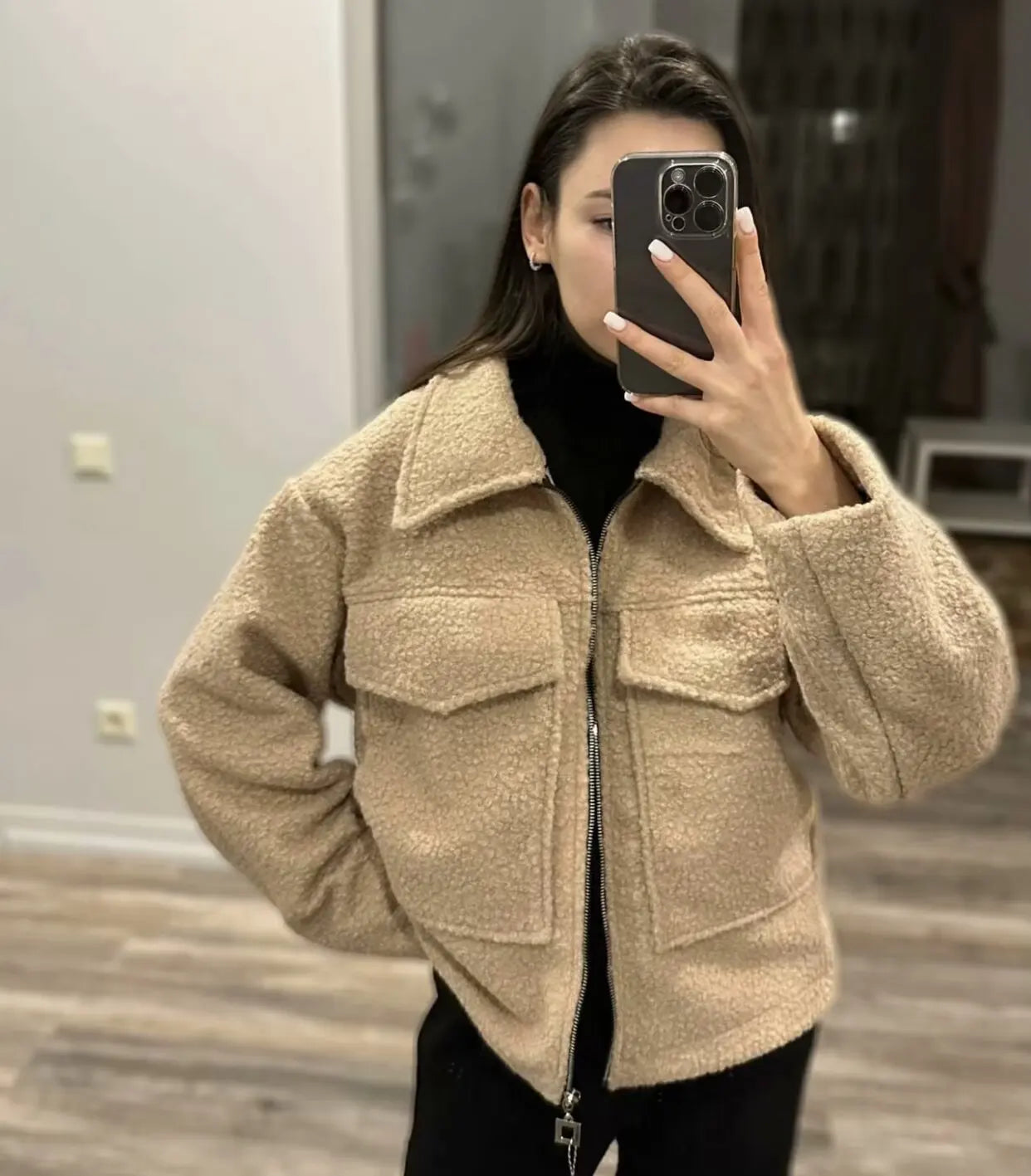 2025 frauen Elegante Feste Mantel Zipper Langarm Tasche Bomber Jacke Weibliche Casual Weiche Woolen Lose Streetwear Mäntel