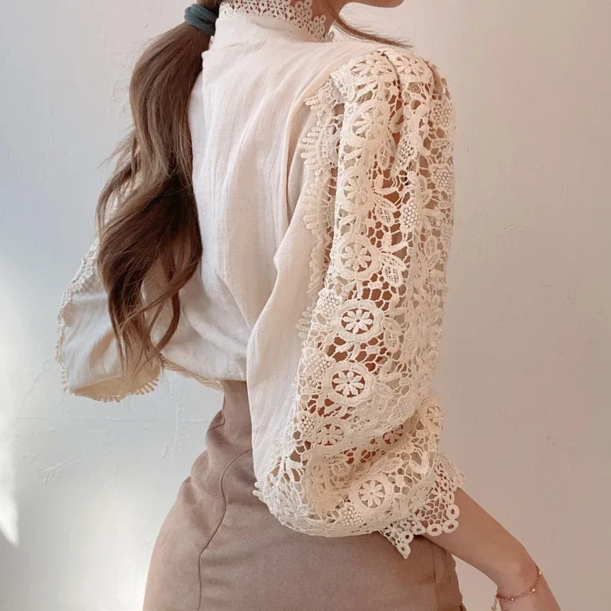 Fashion Long Sleeve Women Blouse Hollow Out Lace Blouse Shirt Tops Women Blusas Mujer De Moda 2024 Blouses Femme Women Shirts.