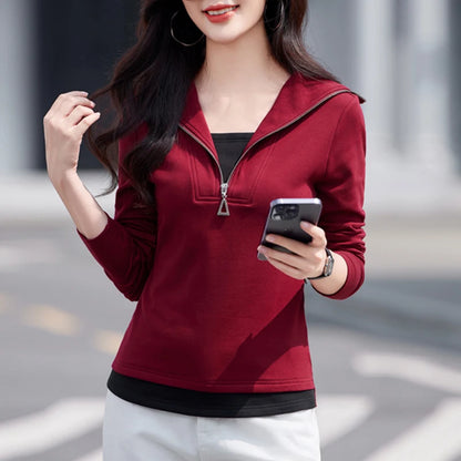 Fake two long sleeved T-shirts for women in autumn and winter, new fashionable plus size color blocked warm zipper lapel top