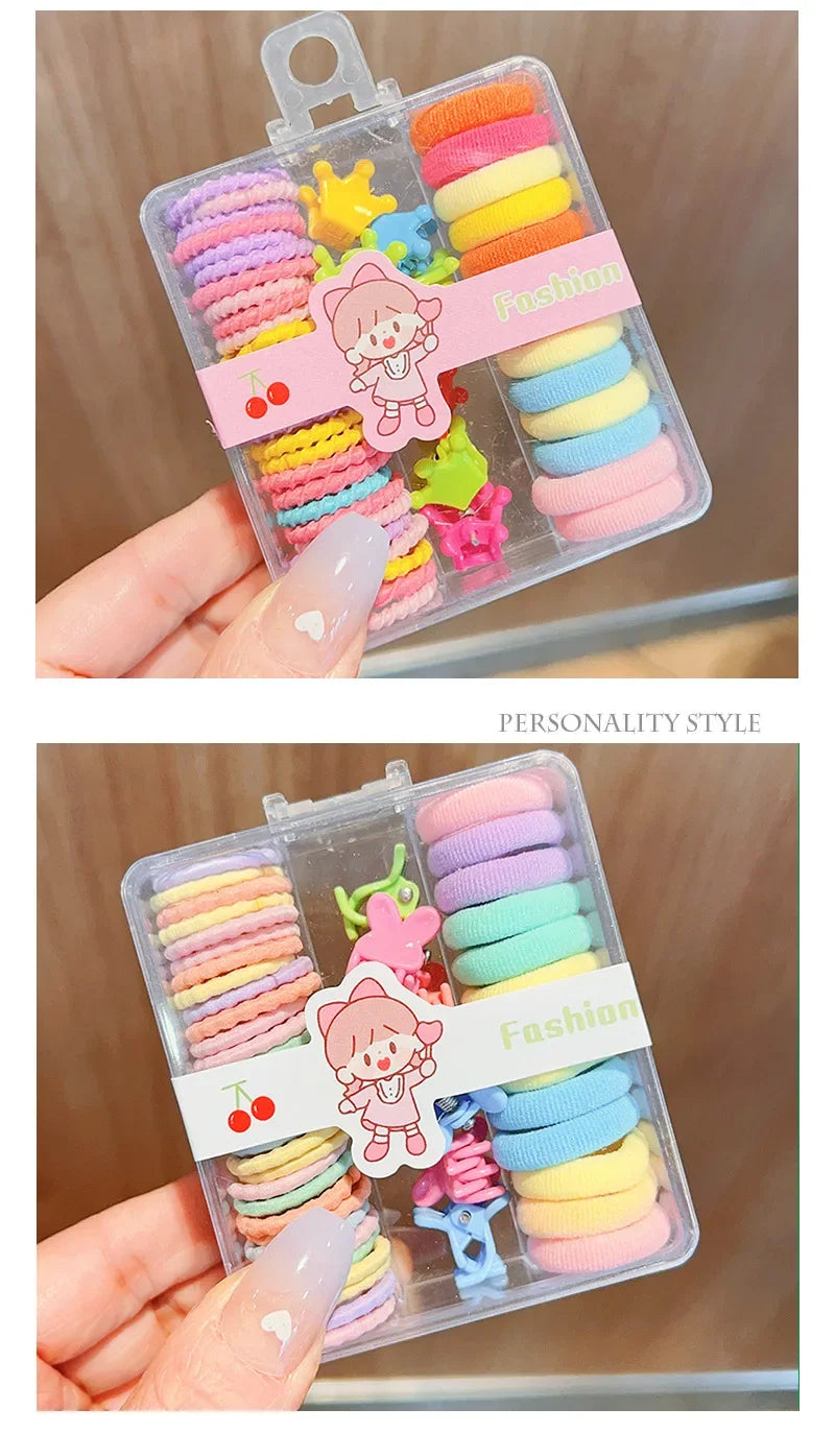 New Cute Box Set Children's New High Elasticity Elastic Band Candy Color Hair Tie Clip Hair Clip Rope Princess Accessories.