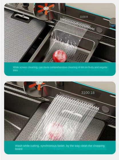 Digitalanzeige, Wasserfall, Einzelschlitz, Nano-Spüle aus Edelstahl 304, Geschirrspülen, Küche, multifunktionales Gemüsewaschbecken