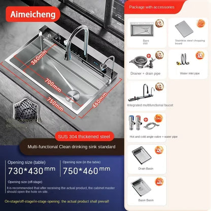Küchenspüle aus Edelstahl mit Wasserhahn, Digitalanzeige, große Einzelschüssel, Wasserfall, Regen, 5-Funktionen-System, Spülbecken, Spüle