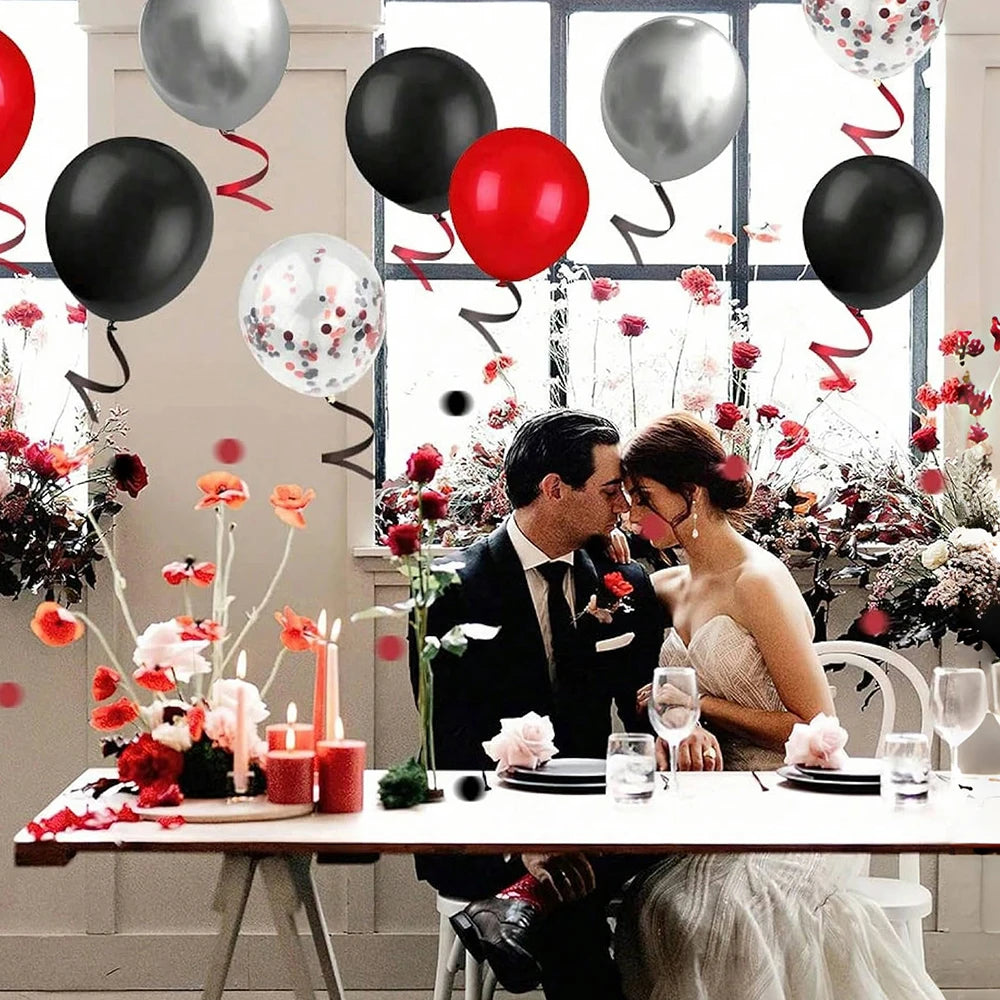 30-teiliges schwarz-rotes Ballon-Konfetti-Luftballons-Set für Geburtstag, Party-Dekoration, Jahrestag, Abschlussfeier, Innendekoration.