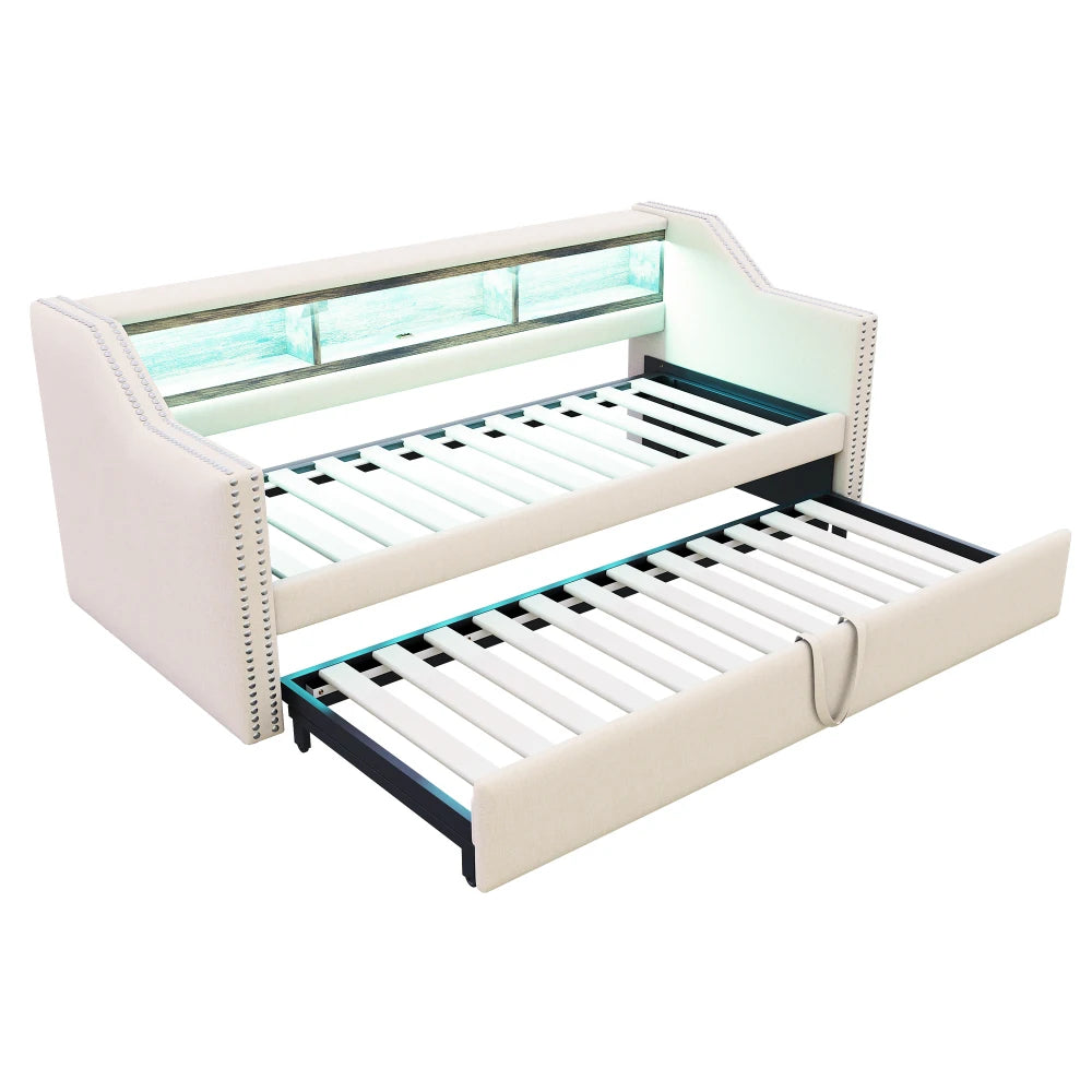 Ausziehbares Schlafsofa 90/180 x 190 cm, multifunktionales Aufbewahrungsfach, LED-Licht und USB-Buchse, mit Gitter, Dunkelgrau