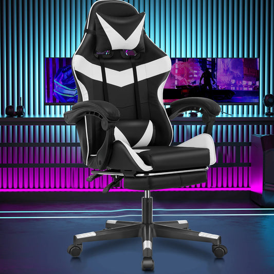 Bürostuhl Gaming Stuhl Massage Gaming Sessel Ergonomischer Gamer Stuhl mit Fußstütze, Kopfstütze Massage-Lendenkissen, Gepolstert Gaming Chair, Drehsessel Weiß