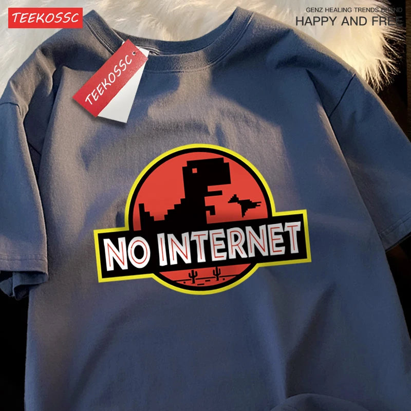 No Internet Fun Little Dinosaur Short Sleeve Mens Cartoons Cotton Tshirt Summer High Quality Clothing Fashion Oversize T-Shirts.