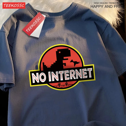 No Internet Fun Little Dinosaur Short Sleeve Mens Cartoons Cotton Tshirt Summer High Quality Clothing Fashion Oversize T-Shirts.
