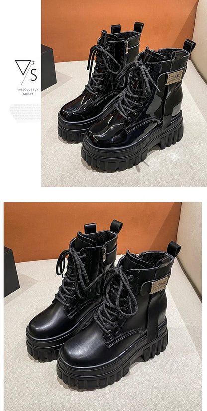 Women's High Platform Motorcycles Boots Winter 10CM Wedge Heels Warm Ankle Boots Chunky Sneakers New Autumn Leather Shoes Woman.
