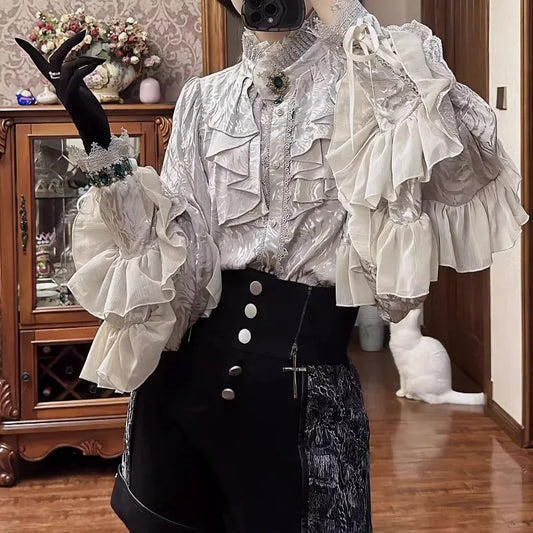 Lolita Y2k Gothic Dark Academia Clothes Loose Long Sleeve Shirt Women Y2k Stand Collar Ruffles Patchwork Blusas De Mujer.