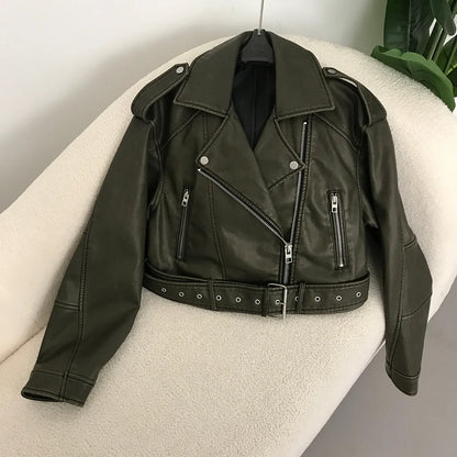 Neue Frühjahr Frau Faux Leder Jacke Chic Vintage Amerikanische straße tragen Kurze Revers Zipper Gürtel Biker Mäntel Mode Streetwear.