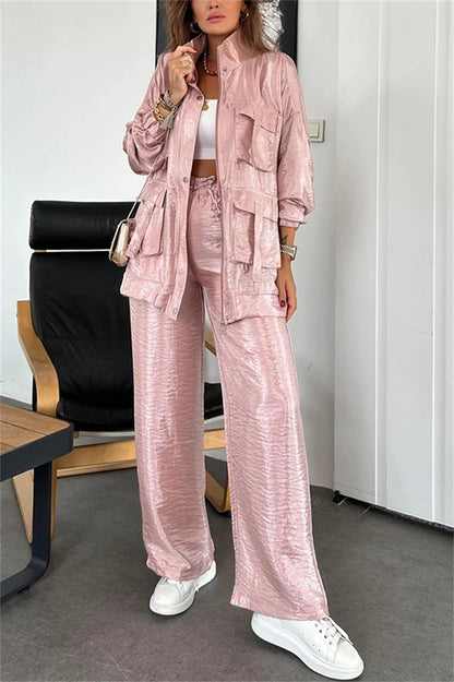 Streetwear 2 Piece Sets Women Outfit Spring Clothes Women 2025 Solid Pocket Jacket Top and Pant Sets Safari Style Tracksuits Set.