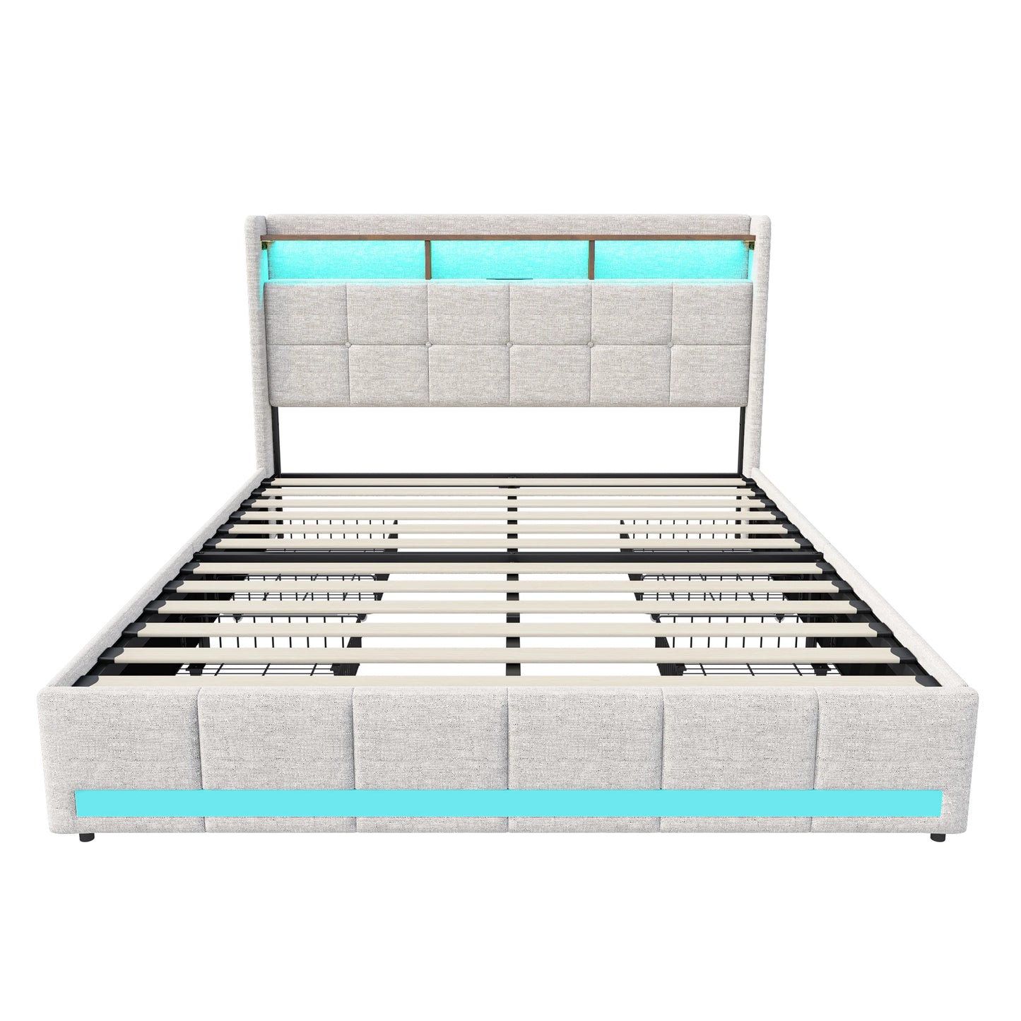 Lazyspace Leinen-Polsterbett, Bettrahmen mit Stauraum, 4 Schubladen, LED-Lichtleiste und USB-Aufladung vom Typ C