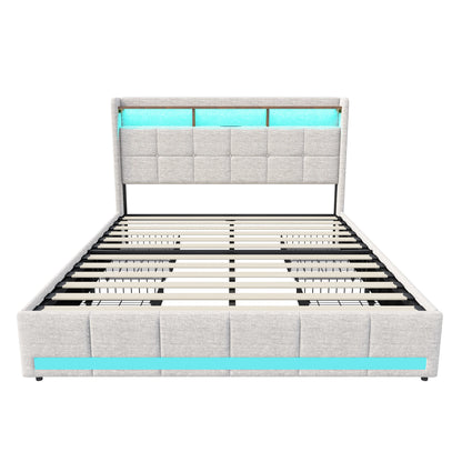 Lazyspace Leinen-Polsterbett, Bettrahmen mit Stauraum, 4 Schubladen, LED-Lichtleiste und USB-Aufladung vom Typ C