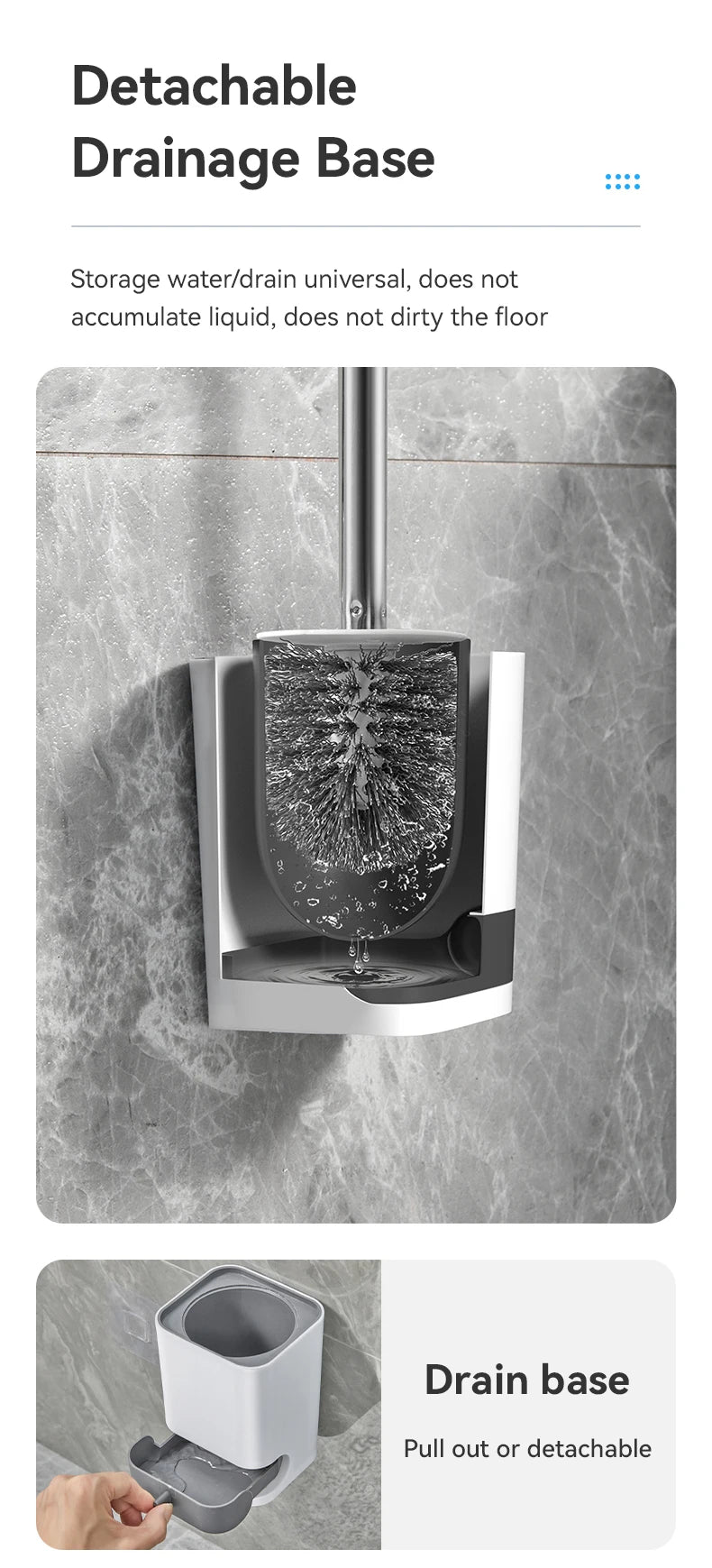 WORTHBUY Wandmontierte Toilettenbürste aus Kunststoff mit langem Griff und Halter, stanzfreie WC-Toilettenreinigungsbürste, Badezimmerzubehör