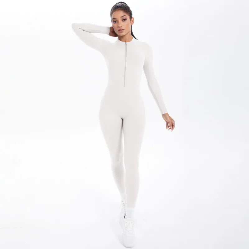 Women's Long Yoga Bodysuit with Half-Zip Sexy Back & Butt Lift for Fitness Running Outdoor Sportswear.