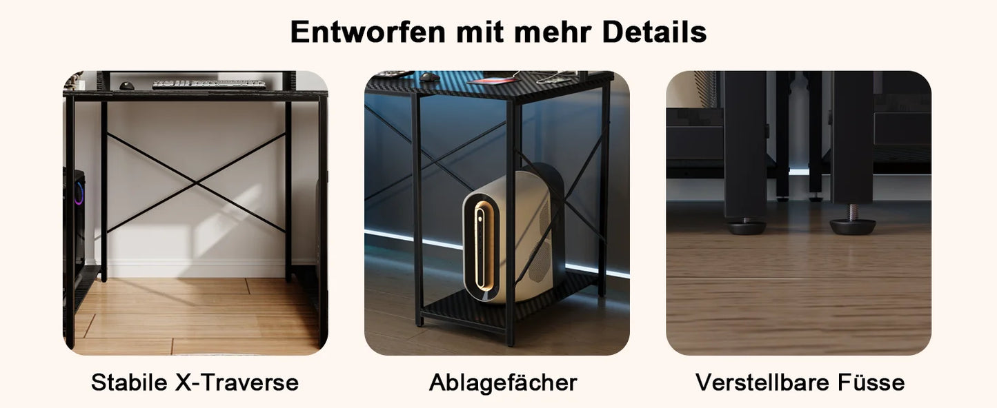 Devoko Gaming Tisch mit LED & Steckdosen,120x60 cm DIY-Stecktafel Schreibtisch mit Ablageregalen