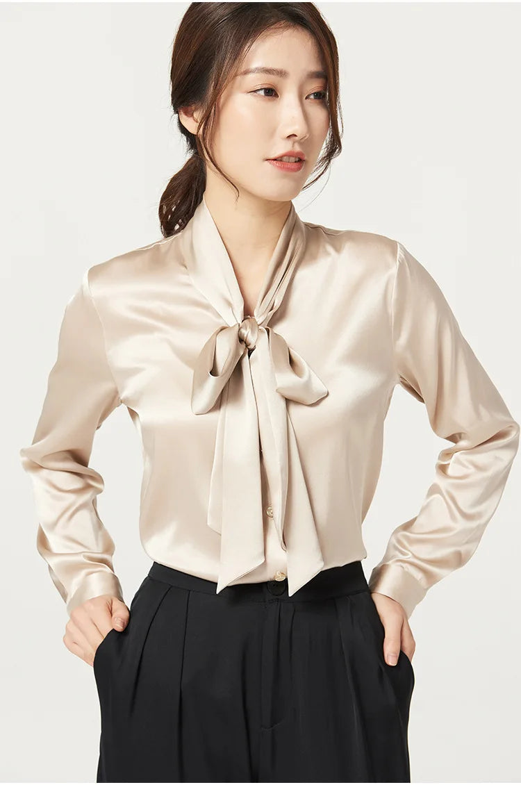 Heavyweight Mulberry Silk Shirt Women's 2025 Spring And Autumn New Long Sleeve Satin Silk Blouse V-neck Bow Ribbon Shirt