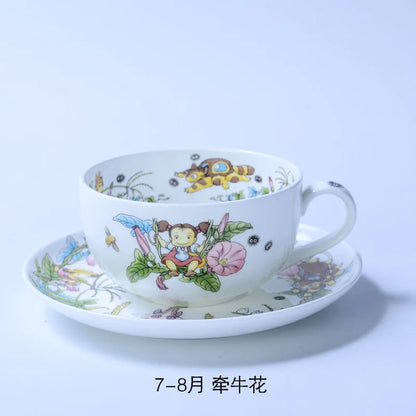 Bone China Dinner Plate Anime Cup and Saucer Set Coffee Mug Cute Cartoon Pattern Ceramic 9.5 Inch Dish Household Tableware Gift.