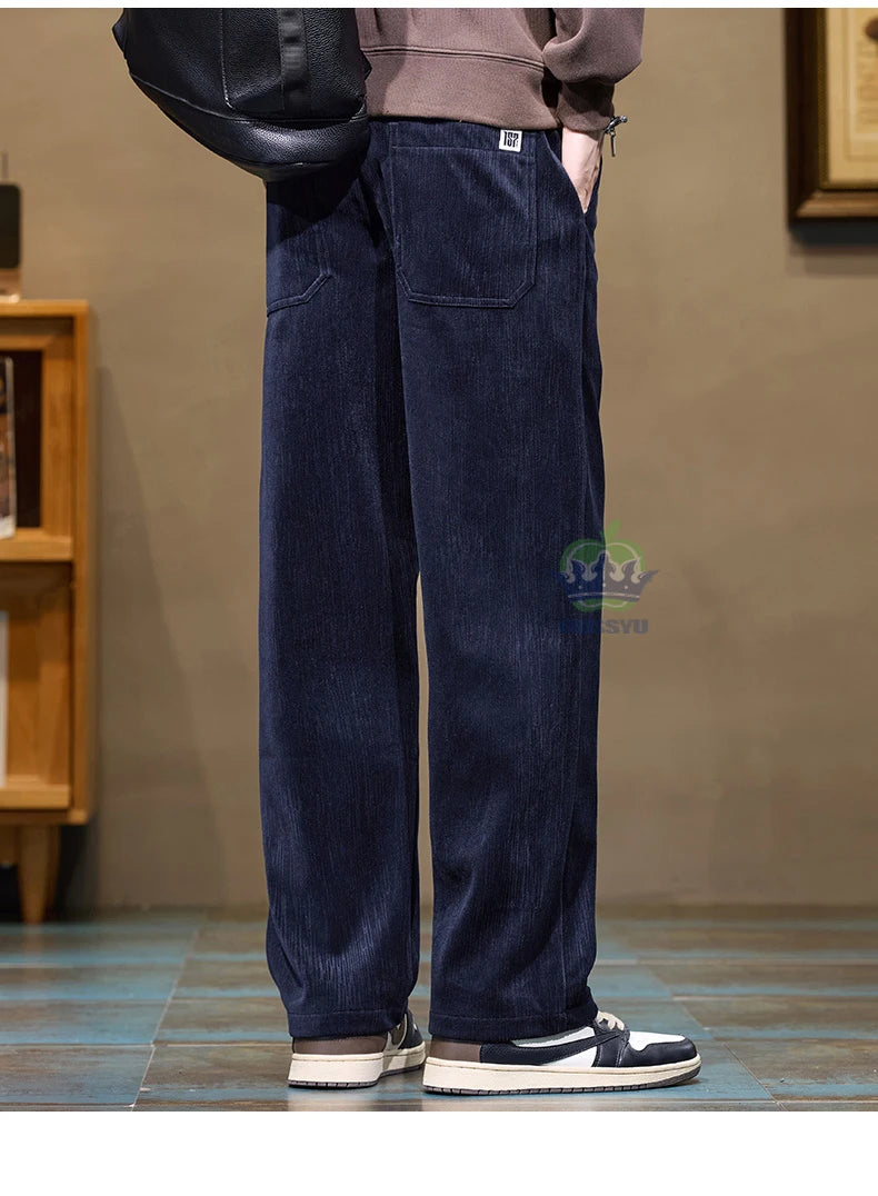 Autumn Winter Men's Corduroy Pants Elastic Waist Fashion Stretch Loose Straight Black Grey Thick Trousers Male Plus Size M-5xl.